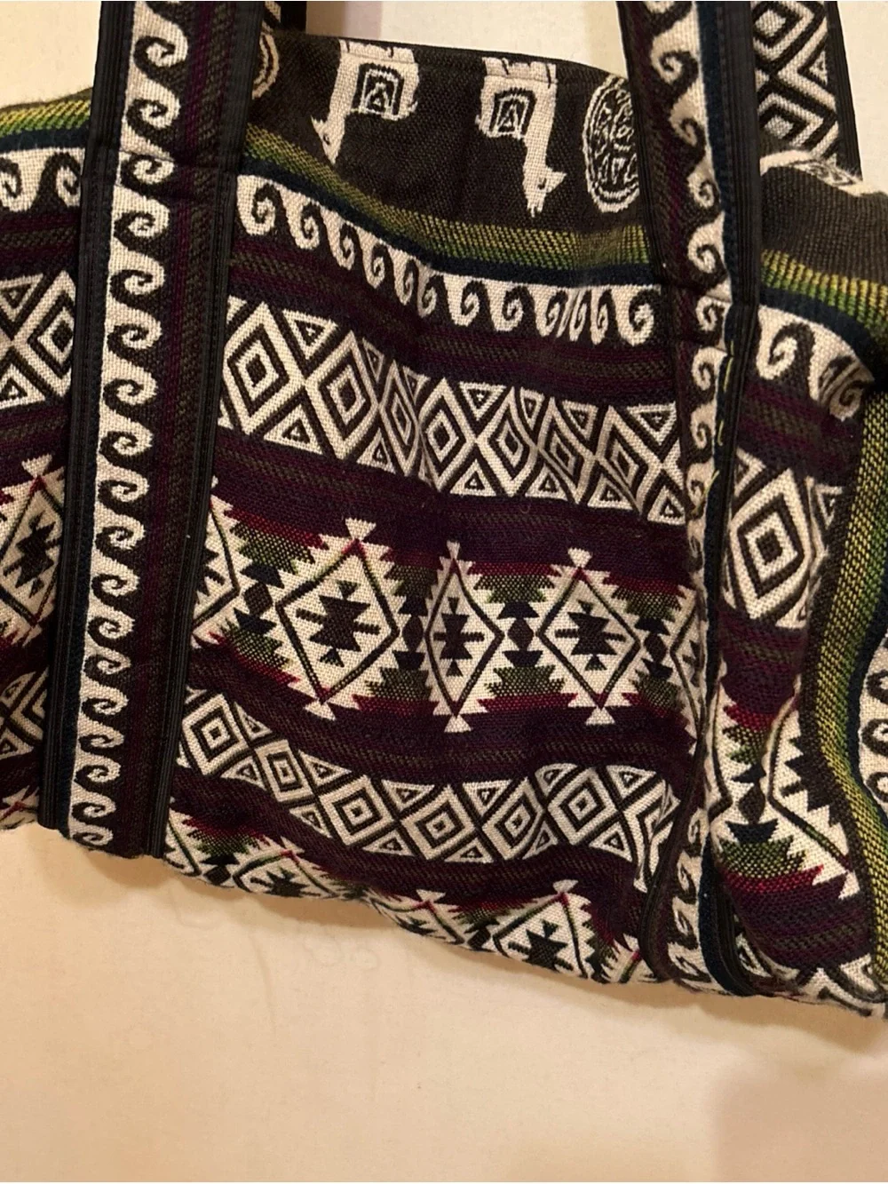 Indigenous Tribal Print Duffel Bag - Black, Cream & Burgundy with animal/lamas.